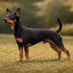 Ein kleiner schwarzer Hund mit braunen Abzeichen steht auf einer Wiese.