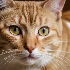 Nahaufnahme einer orange getigerten Katze mit leuchtend gelben Augen, die neugierig in die Kamera blickt.