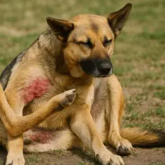 Ein Hund kratzt sich am Ohr und leckt seine Pfoten. Rote, gereizte Haut ist sichtbar.