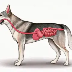Illustration eines Hundes mit sichtbarem Verdauungstrakt. Mögliche Hausmittel zur Darmsanierung beim Hund werden hier visuell dargestellt.