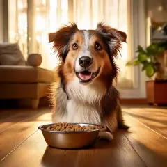 Ein Hund sitzt vor seinem Napf mit Futter und schaut fragend. Wie lange warten, bis er frisst?