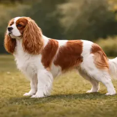 Ein stattlicher King Charles Spaniel steht auf einer grünen Wiese, sein Fell ist weiß mit kastanienbraunen Flecken.