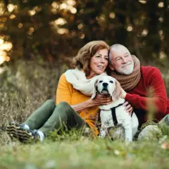 Älteres Paar mit Hund im Herbstwald. Die Hände des Mannes und der Frau streicheln den Hund, der ruhig zwischen ihnen sitzt. Keine Anzeichen, dass der Hund sterben will.