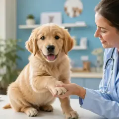 Tierärztin gibt einem süßen Welpen die Pfote. Informieren Sie sich über die Impfung eines 12 Wochen alten Welpen und die Kosten.