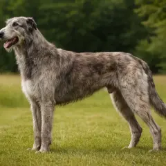 Ein majestätischer irischer Wolfshund steht auf einer grünen Wiese, sein graues Fell im sanften Licht.