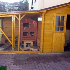 Ein liebevoll gestalteter kaninchen spielplatz selber bauen. Ein Kaninchen ruht sich vor dem Holzgehege aus.