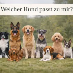 Eine Gruppe verschiedener Hunde, darunter eine Hunderasse mit einem Schäferhund, wartet auf die Frage: "Welcher Hund passt zu mir?".