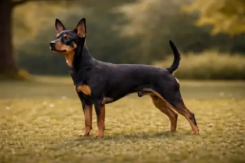 Ein kleiner schwarzer Hund mit braunen Abzeichen steht auf einer Wiese.
