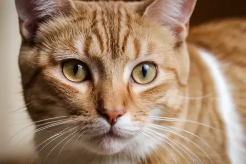 Nahaufnahme einer orange getigerten Katze mit leuchtend gelben Augen, die neugierig in die Kamera blickt.