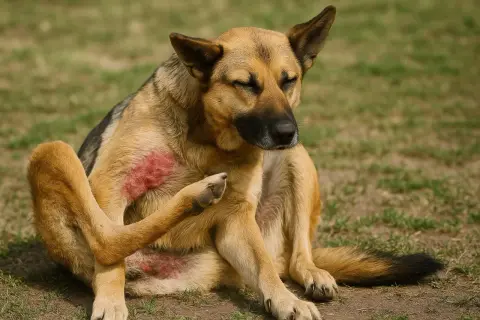 Ein Hund kratzt sich am Ohr und leckt seine Pfoten. Rote, gereizte Haut ist sichtbar.