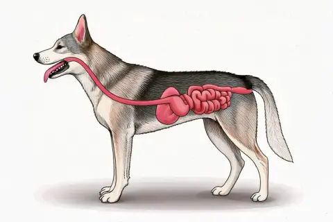 Illustration eines Hundes mit sichtbarem Verdauungstrakt. Mögliche Hausmittel zur Darmsanierung beim Hund werden hier visuell dargestellt.