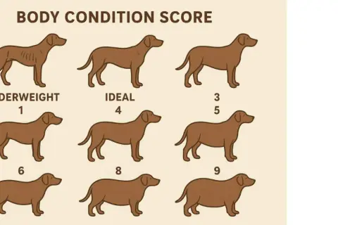 Grafik zeigt den Body Condition Score Hund von untergewichtig (1) bis fettleibig (9). Ideal ist 4.