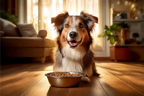 Ein Hund sitzt vor seinem Napf mit Futter und schaut fragend. Wie lange warten, bis er frisst?