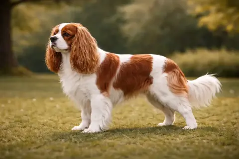 Ein stattlicher King Charles Spaniel steht auf einer grünen Wiese, sein Fell ist weiß mit kastanienbraunen Flecken.