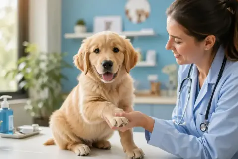 Tierärztin gibt einem süßen Welpen die Pfote. Informieren Sie sich über die Impfung eines 12 Wochen alten Welpen und die Kosten.