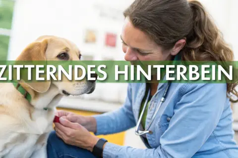 Tierärztin untersucht einen Hund, dessen hinteres Bein zittert.