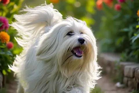 Ein fröhlicher Tibet Terrier kurzhaar mit weissem Fell rennt durch einen Garten voller bunter Blumen.