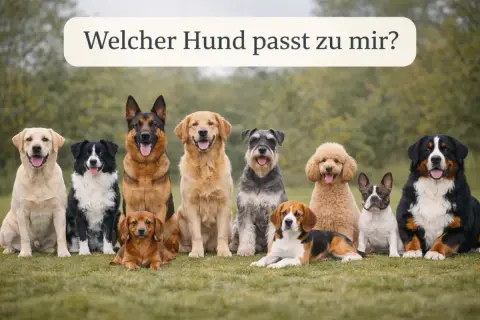 Eine Gruppe verschiedener Hunde, darunter eine Hunderasse mit einem Schäferhund, wartet auf die Frage: "Welcher Hund passt zu mir?".