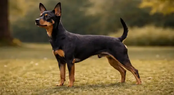 Ein kleiner schwarzer Hund mit braunen Abzeichen steht auf einer Wiese.