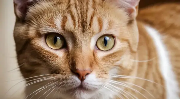 Nahaufnahme einer orange getigerten Katze mit leuchtend gelben Augen, die neugierig in die Kamera blickt.