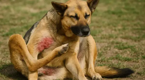 Ein Hund kratzt sich am Ohr und leckt seine Pfoten. Rote, gereizte Haut ist sichtbar.