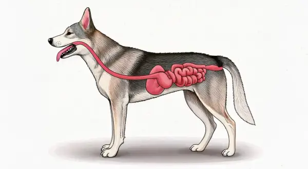 Illustration eines Hundes mit sichtbarem Verdauungstrakt. Mögliche Hausmittel zur Darmsanierung beim Hund werden hier visuell dargestellt.