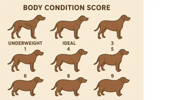 Grafik zeigt den Body Condition Score Hund von untergewichtig (1) bis fettleibig (9). Ideal ist 4.
