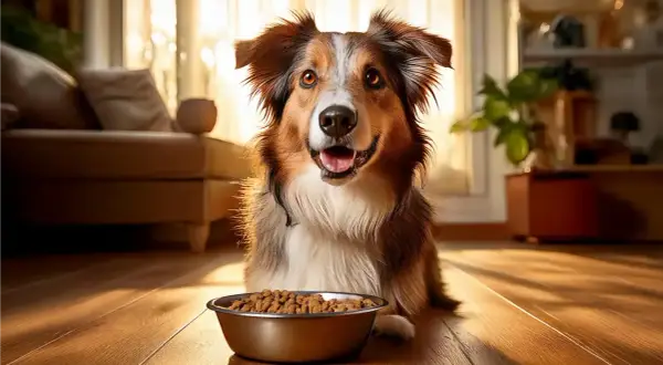 Ein Hund sitzt vor seinem Napf mit Futter und schaut fragend. Wie lange warten, bis er frisst?