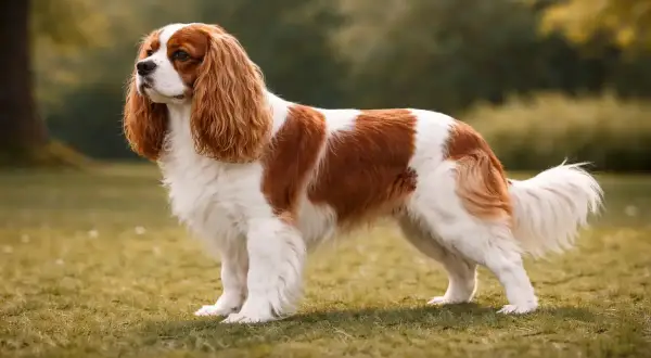Ein stattlicher King Charles Spaniel steht auf einer grünen Wiese, sein Fell ist weiß mit kastanienbraunen Flecken.