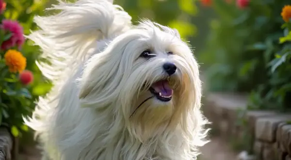 Ein fröhlicher Tibet Terrier kurzhaar mit weissem Fell rennt durch einen Garten voller bunter Blumen.