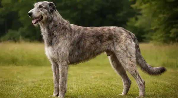 Ein majestätischer irischer Wolfshund steht auf einer grünen Wiese, sein graues Fell im sanften Licht.