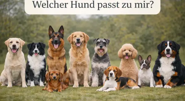 Eine Gruppe verschiedener Hunde, darunter eine Hunderasse mit einem Schäferhund, wartet auf die Frage: "Welcher Hund passt zu mir?".