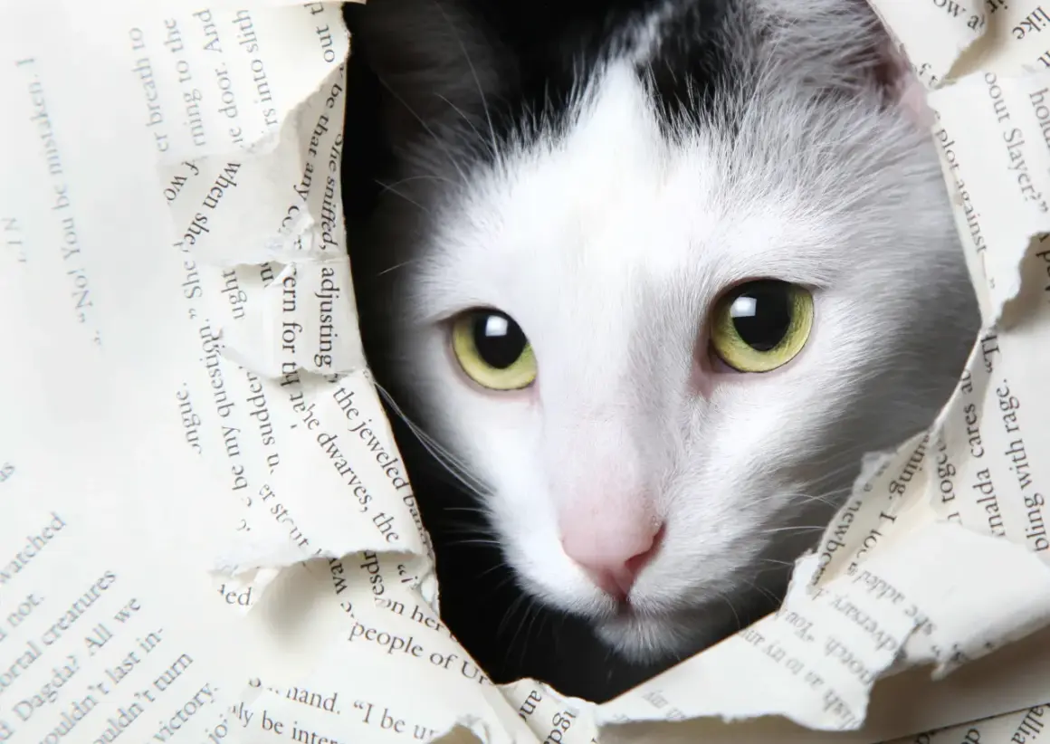 Ein weiß-schwarzes Kätzchen mit leuchtend grünen Augen blickt neugierig durch ein zerissenes Buch. Vielleicht sucht es nach Katzennamen mit B wie "Balu" oder "Bello".