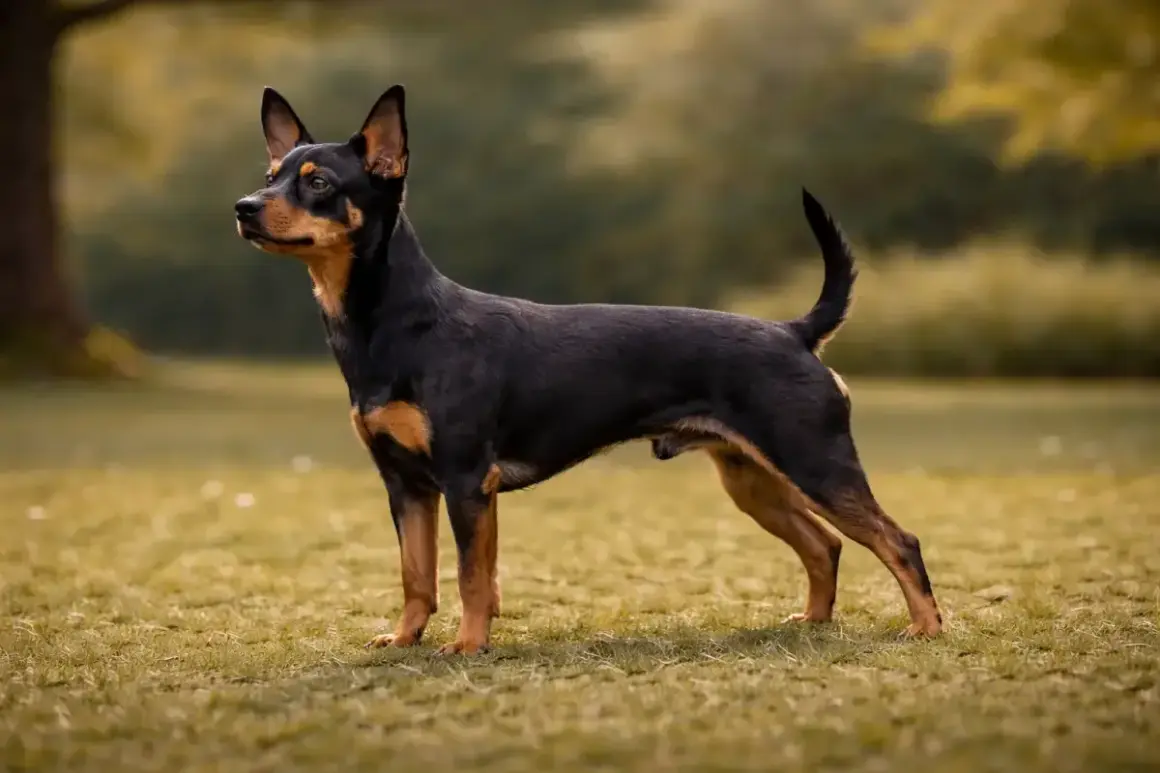 Ein kleiner schwarzer Hund mit braunen Abzeichen steht auf einer Wiese.