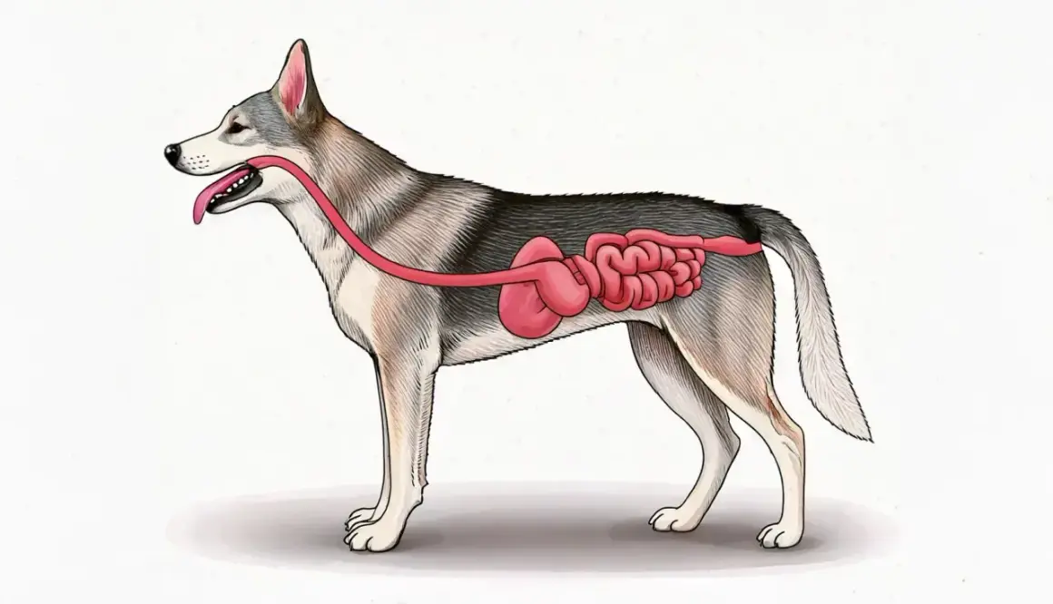 Illustration eines Hundes mit sichtbarem Verdauungstrakt. Mögliche Hausmittel zur Darmsanierung beim Hund werden hier visuell dargestellt.