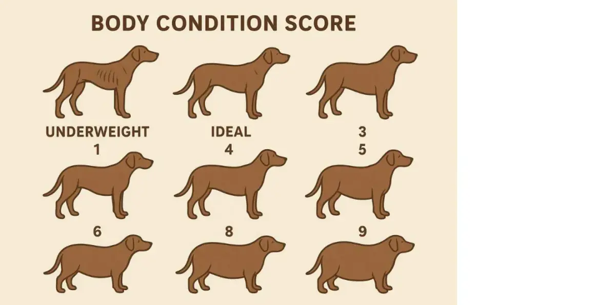 Grafik zeigt den Body Condition Score Hund von untergewichtig (1) bis fettleibig (9). Ideal ist 4.