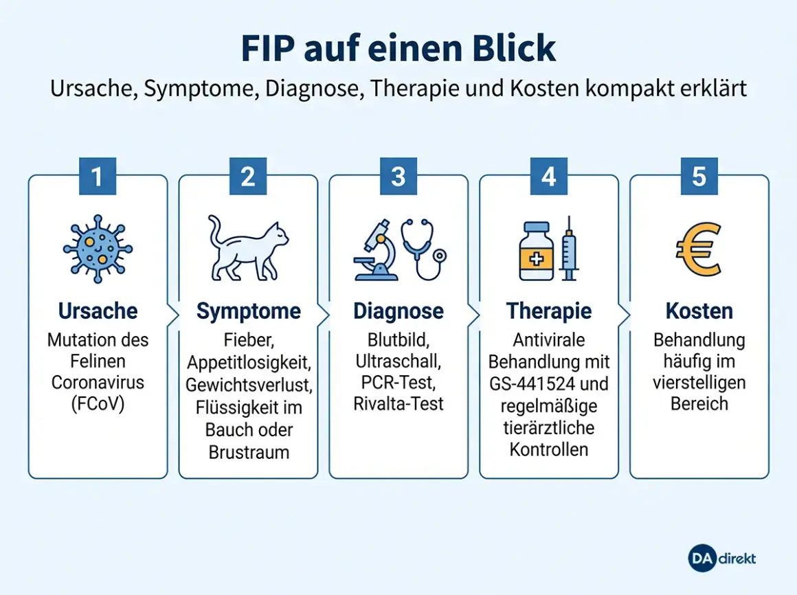 FIP bei der fip katze: Ursache (Mutation des Felinen Coronavirus), Symptome (Fieber, Appetitlosigkeit), Diagnose (Blutbild, Ultraschall), Therapie (antivirale Behandlung) und Kosten.