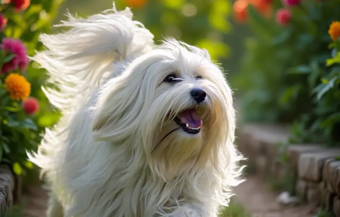 Ein fröhlicher Tibet Terrier kurzhaar mit weissem Fell rennt durch einen Garten voller bunter Blumen.