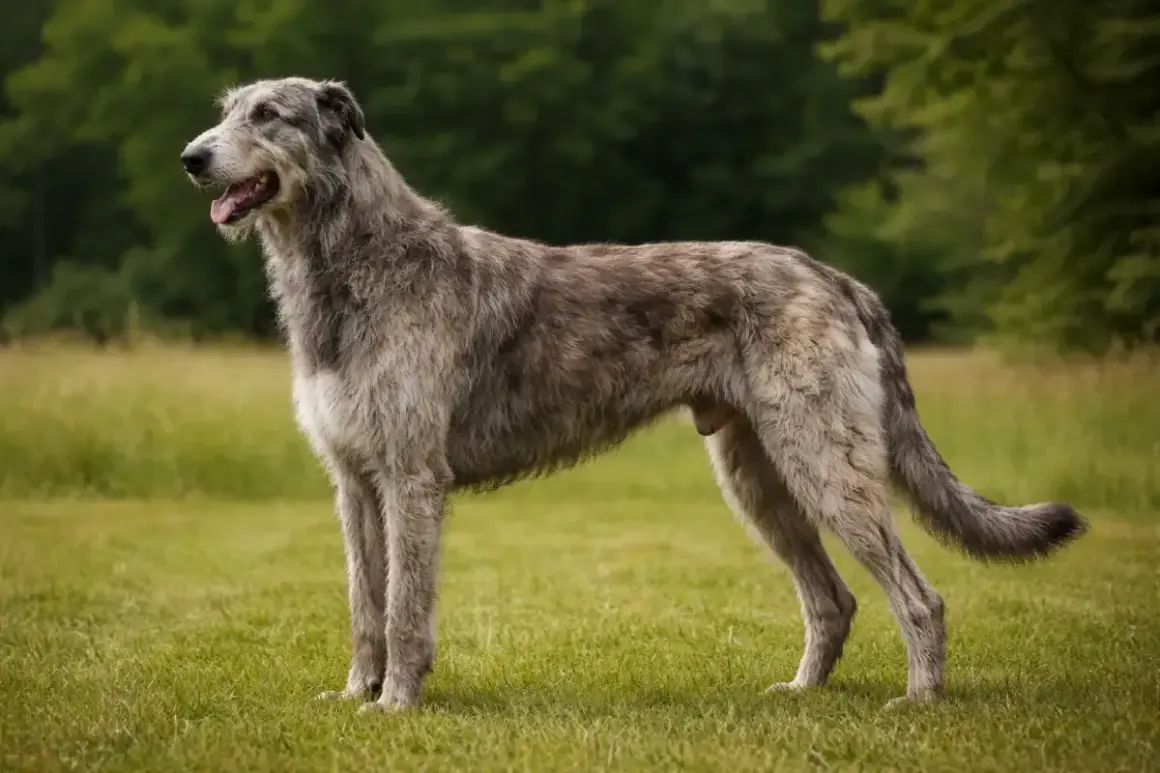 Ein majestätischer irischer Wolfshund steht auf einer grünen Wiese, sein graues Fell im sanften Licht.