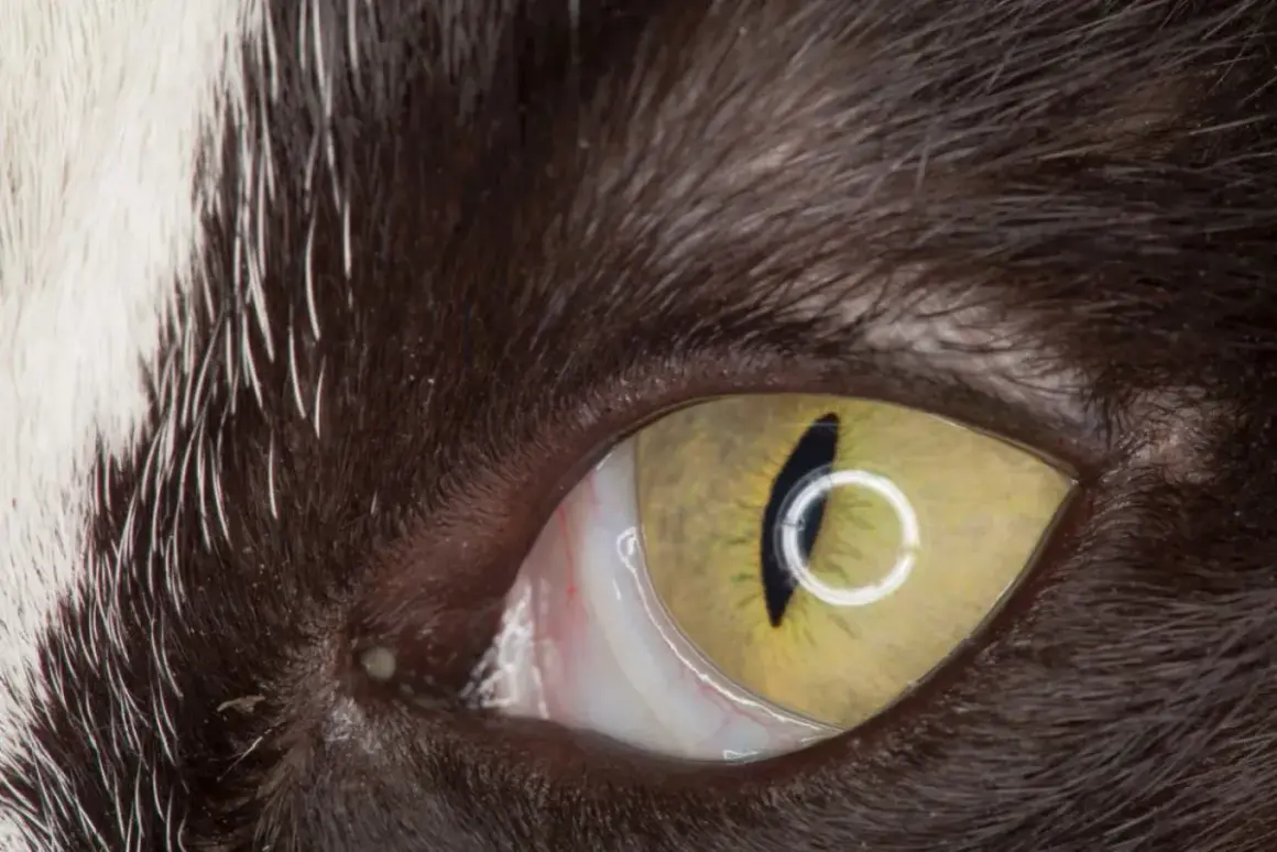 Nahaufnahme des Katzenauges mit sichtbarem Anfangsstadium Nickhautvorfall. Das gelbe Auge zeigt eine vertikale Pupille.