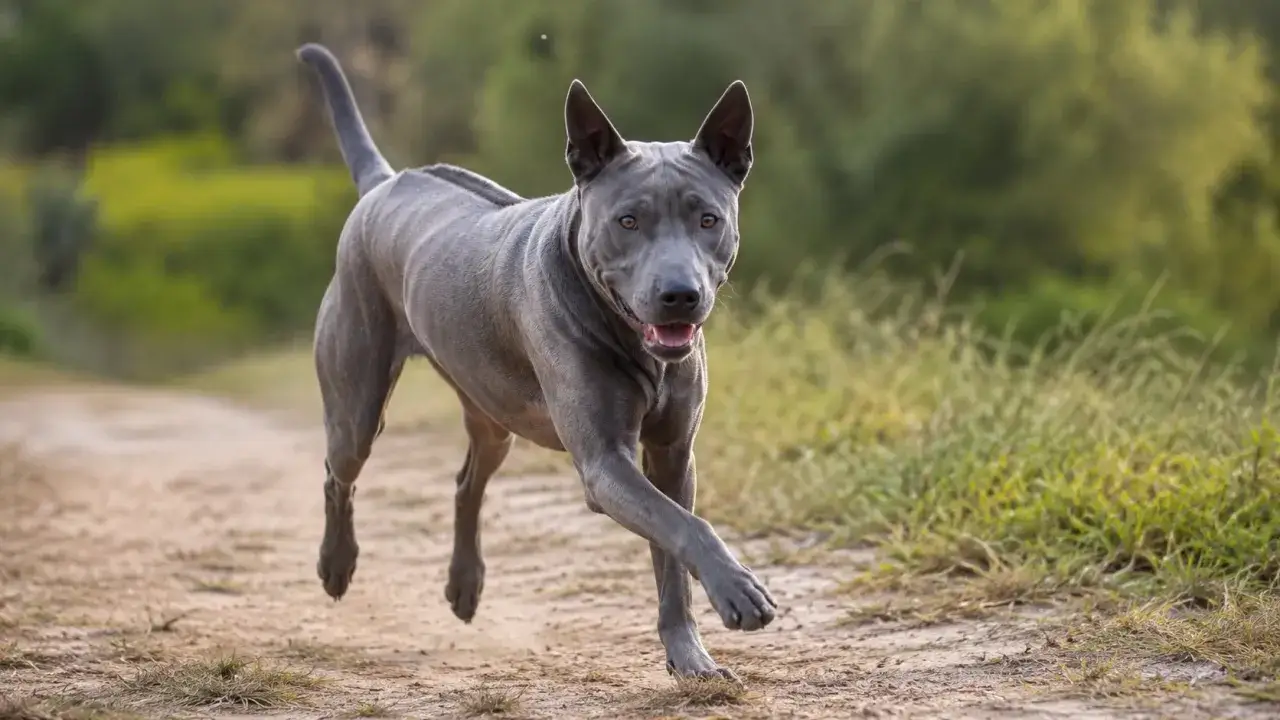 Ein grauer Thai Ridgeback rennt fröhlich über einen Feldweg, die Ohren aufgestellt, die Zunge herausgestreckt.