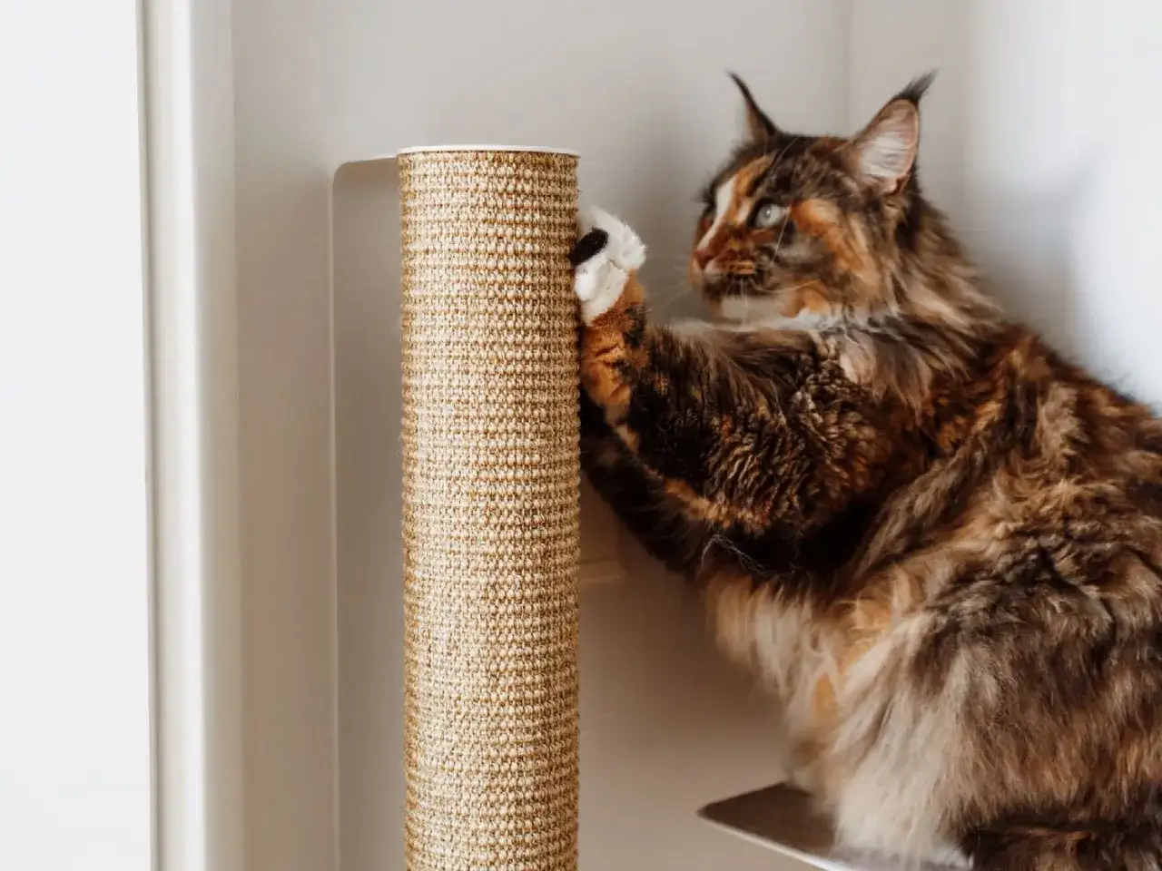 Eine Maine Coon-Katze mit langem Fell kratzt an einem Sisal-Kratzbaum. Das Entfernen von Katzenkrallen ist ein nat&uuml;rliches Bed&uuml;rfnis.
