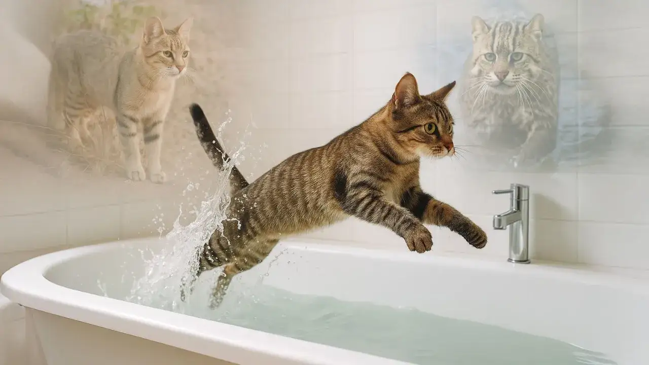 Katze springt über die Badewanne, als ob sie sich fragt, warum haben Katzen Angst vor Wasser. Ein schemenhafter Vorfahre schaut zu.