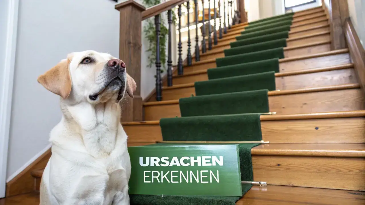 Ein Labrador sitzt vor einer Treppe mit grünem Teppich. Ein Schild mit der Aufschrift