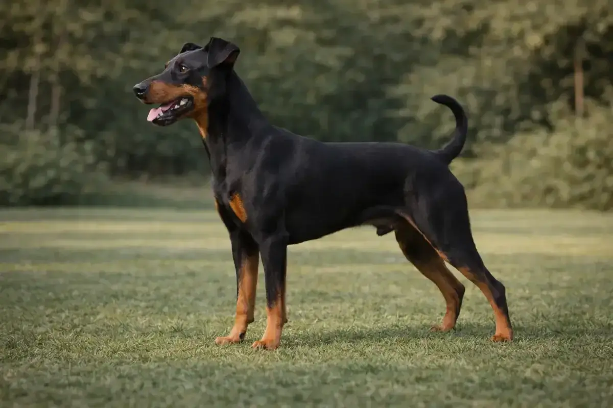 Ein schwarzer Deutscher Pinscher mit braunen Abzeichen steht auf einer grünen Wiese. Sein aufmerksamer Blick und seine Haltung spiegeln den typischen deutscher pinscher charakter wider: wachsam und energiegeladen.