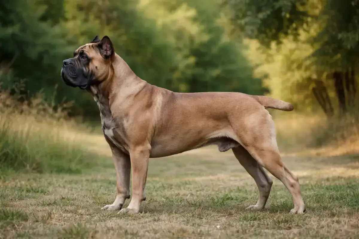 Ein stattlicher Cane Corso in hellem Braun steht auf einer Wiese. Die verschiedenen Cane Corso Farben sind faszinierend, aber dieses Exemplar zeigt ein schönes, einheitliches Fell.