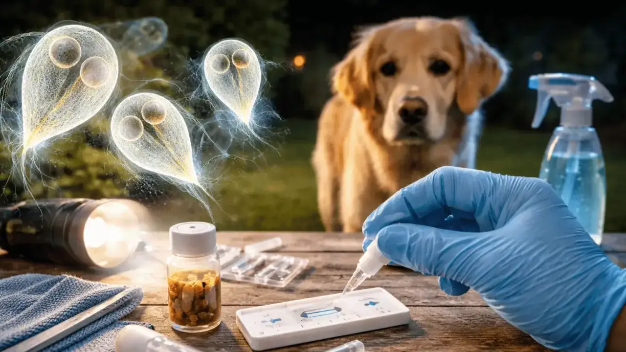 Ein Hund schaut besorgt, w&auml;hrend ein Test auf Giardien durchgef&uuml;hrt wird. Kleine, leuchtende Parasiten schweben im Hintergrund.