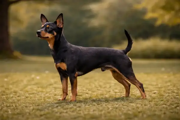 Ein kleiner schwarzer Hund mit braunen Abzeichen steht auf einer Wiese.