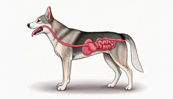 Illustration eines Hundes mit sichtbarem Verdauungstrakt. Mögliche Hausmittel zur Darmsanierung beim Hund werden hier visuell dargestellt.