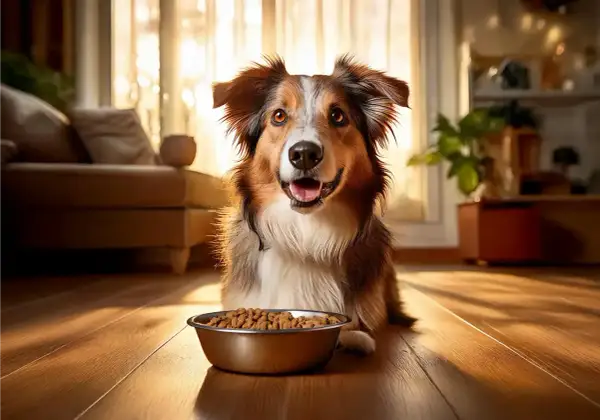 Ein Hund sitzt vor seinem Napf mit Futter und schaut fragend. Wie lange warten, bis er frisst?